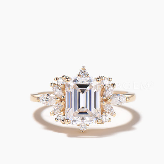2CT Emerald Cut Moissanite Engagement Ring Mixed Cut Moissanite Cluster Ring