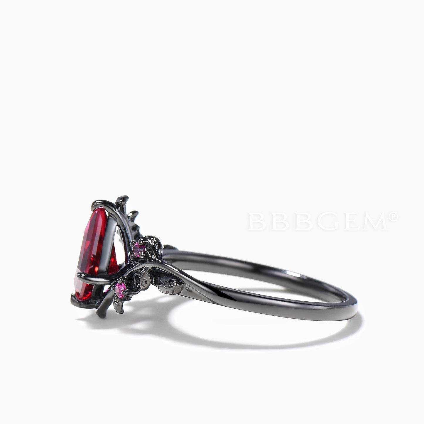 1CT Kite Cut Ruby Engagement Ring Ruby Leaf Nature Inspired Black Gold Ring