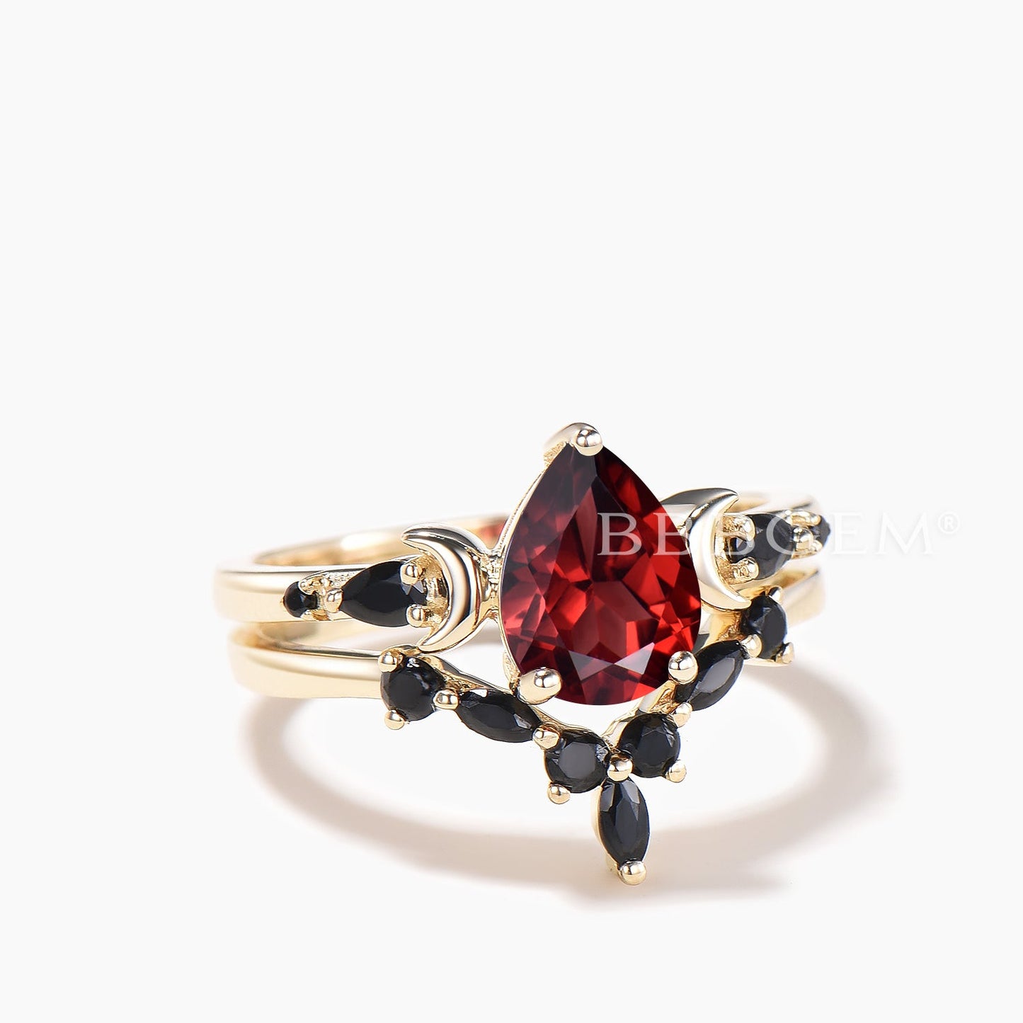 1.25CT Pear Cut Natural Garnet Engagement Ring Black Spinel Celetial Ring Set