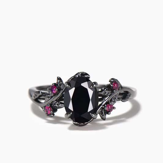 1.5ct Oval Cut Natural Black Onyx Black Gold Wedding Ring Ruby Leaf Nature Inspired Ring