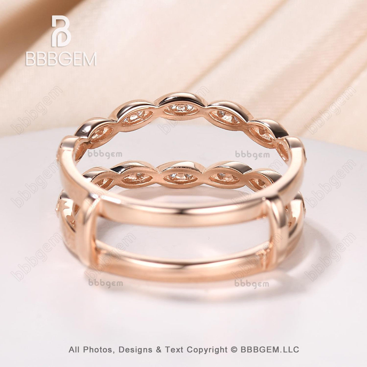 14K Rose Gold Plated Women Marquise Diamond Enhancer Band Moissanite Double Wedding Stacking Band Wrap Band Ring Vintage