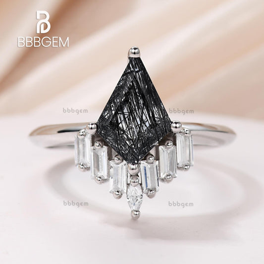 Geometric Knife-Edge Kite Black Rutilated Quartz Engagement Ring White Gold Black Tourmaline Baguette Marquise Moissanite Promise Ring