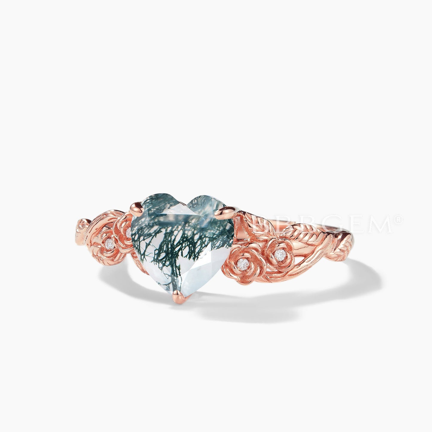 Heart Cut Natural Moss Agate Diamond Flower Engagement Ring