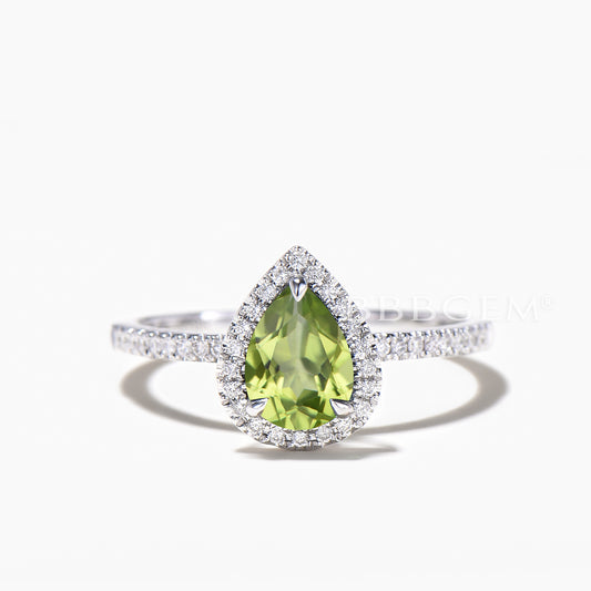Half Eternity Diamond Halo Ring 1.25CT Pear Cut Natural Peridot Engagement Ring