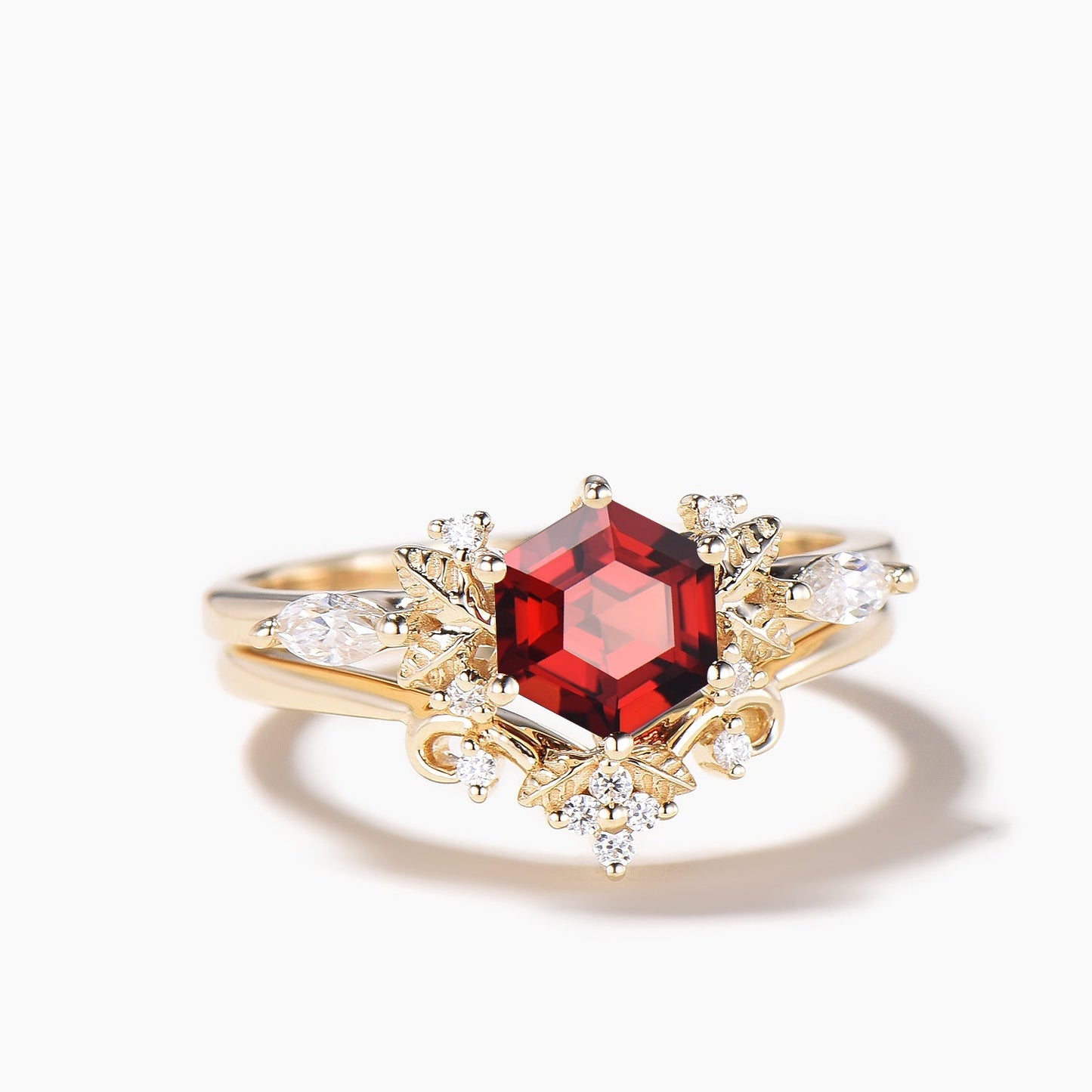 Hexagon Cut Garnet Leaf Engagement Ring Diamond Nature Inspired Bridal Set