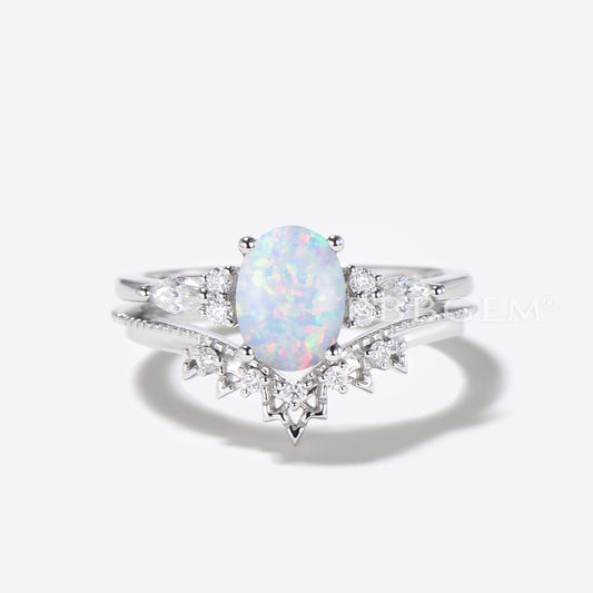 1.5ct Oval Cut White Opal Engagement Ring Diamond Cluster Crown Bridal Set