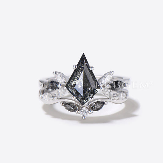 Kite Cut Natural Salt and Pepper Diamond Black Rutilated Quartz Cluster Bridal Ring Set