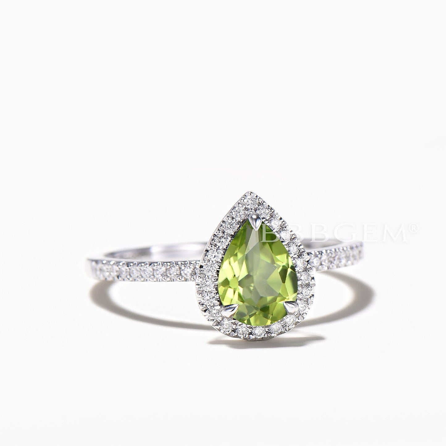 Half Eternity Diamond Halo Ring 1.25CT Pear Cut Natural Peridot Engagement Ring