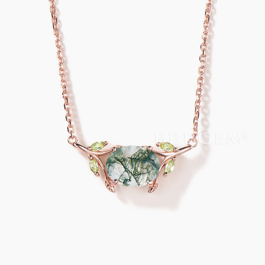 2CT Oval Cut Natural Moss Agate Wedding Necklace Peridot Twig Leaf Pendant