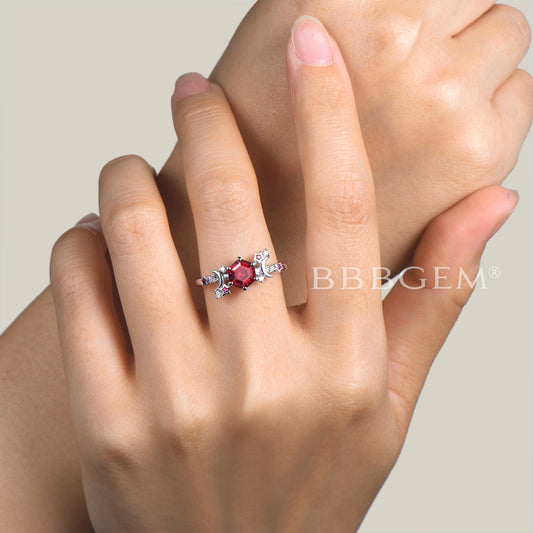 Hexagon Cut Ruby Engagement Ring Diamond Celestial Wedding Ring