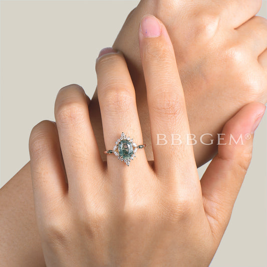1.5CT Oval Cut Natural Moss Agate Engagement Ring Diamond Halo Ring