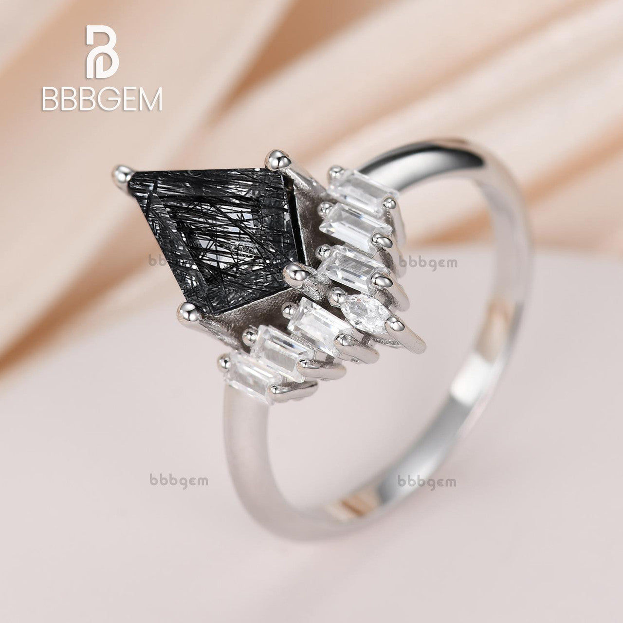 Geometric Knife-Edge Kite Black Rutilated Quartz Engagement Ring White Gold Black Tourmaline Baguette Marquise Moissanite Promise Ring