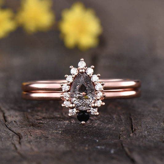 14K/18K Cluster Black Rutilated Quartz Diamond Engagement Ring Set Diamond Wedding Band
