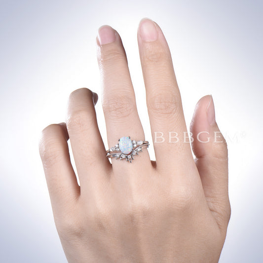 1.5ct Oval Cut White Opal Engagement Ring Diamond Cluster Crown Bridal Set