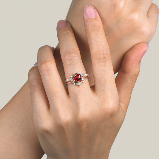 Hexagon Cut Garnet Leaf Engagement Ring Diamond Nature Inspired Bridal Set