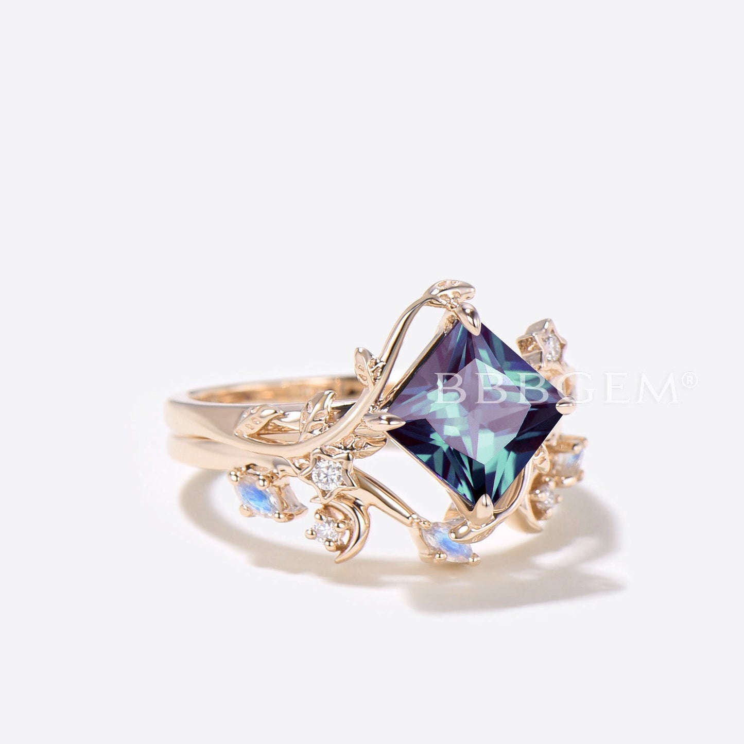 2ct Princess Color-change Alexandrite Leaf Ring Moonstone Moon Star Bridal Set