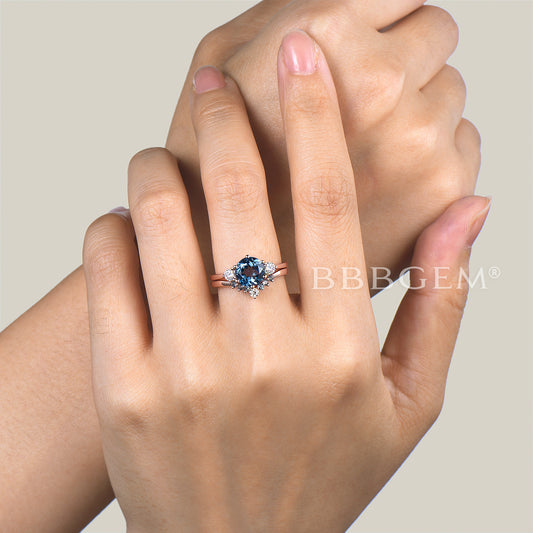 2PC Bridal Set Round London Blue Topaz Wedding Ring Diamond Alexandrite Band