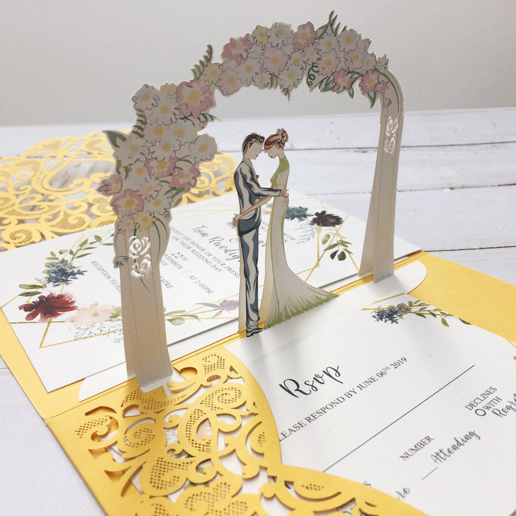 3D Yellow Gold Invitations with RSVP Cards, Couple Wedding Invite Cards