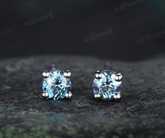 Dainty Round Alexandrite Stud Earrings Color Changing Stone June Birthstone Earrings 14k White Gold Minimalism Pierced Earrings