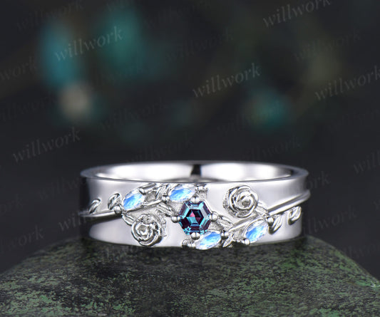 Hexagon Alexandrite Mens Wedding Band Solid 14k White Marquise Moonstone Leaf Floral Wedding Ring Unique Anniversary Ring Gifts For Him