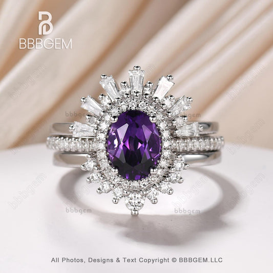 3pcs Vintage Oval Cut Purple Natural Amethyst Bridal Set Diamond Wedding Band Cocktail Ring