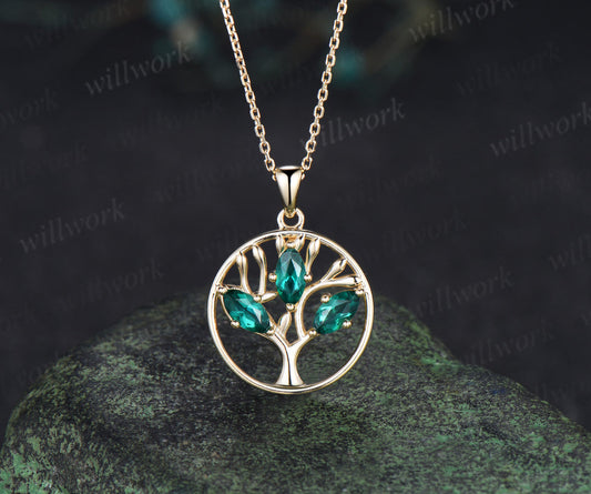 Marquise Emerald Family Tree Pendant Necklace May Birthstone Necklace Symbolic Tree Of Life Jewelry