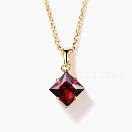 2CT Princess Cut Natural Garnet Necklace Solitaire Yellow Gold Pendant