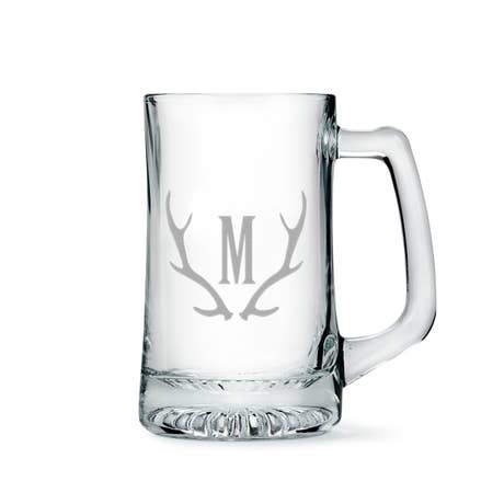 Custom Engraved 14 Oz. Glass Beer Mug - Antler Monogram