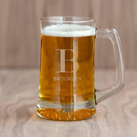 Custom Engraved 14 Oz. Glass Beer Mug - Modern Serif Initial - Unique Gift for Her