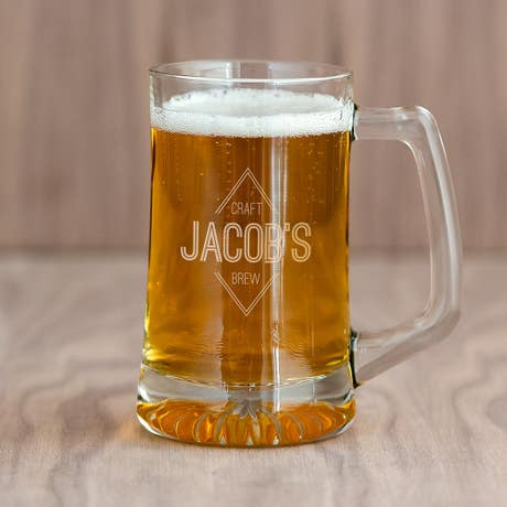 Custom Engraved 14 Oz. Glass Beer Mug - Diamond Emblem - Unique Gift For Him