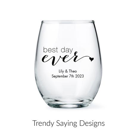 Personalized 9 oz. Stemless Wine Glass Wedding Favor - Trendy Sayings | More Designs
