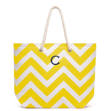 Personalized Extra-Large Cabana Canvas Fabric Tote Bag - Yellow Chevron