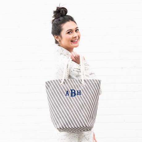 Personalized Nylon/Cotton Blend Cabana Beach Tote Bag - Gray Striped