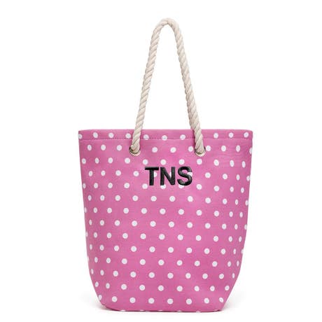 Personalized Nylon/Cotton Blend Cabana Beach Tote Bag - Pink Polka Dot