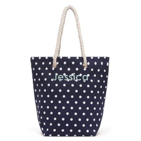 Personalized Nylon/Cotton Blend Cabana Beach Tote Bag - Navy Polka Dot