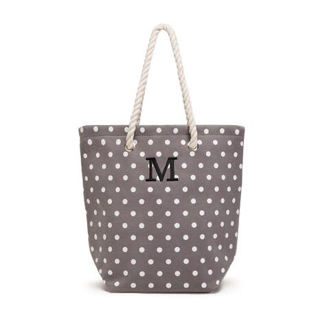 Personalized Nylon/Cotton Blend Cabana Beach Tote Bag - Gray Polka Dot