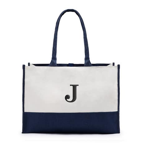 Large Personalized Color Block Canvas Fabric Tote Bag- Navy