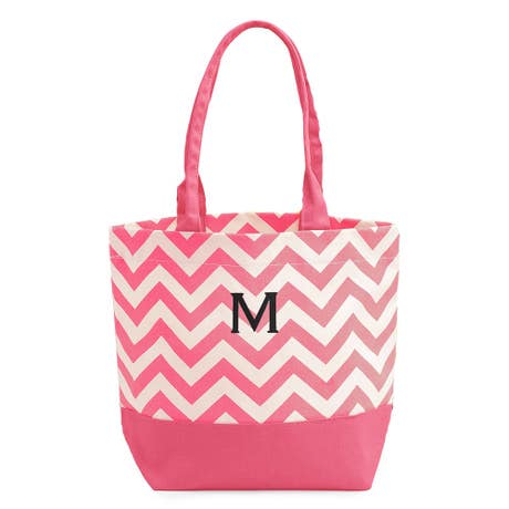 Large Personalized Chevron Cotton Canvas Fabric Tote Bag - Pink