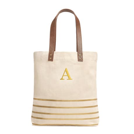 Personalized Large Annie Stripe Canvas Fabric Tote Bag - Metallic Gold