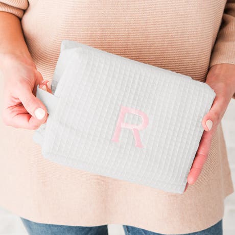 Women's Large Personalized Cotton Waffle Makeup Bag - White - Unique Gift for Her