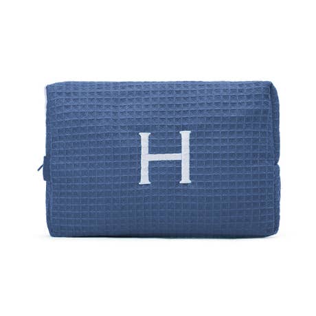 Women's Large Personalized Cotton Waffle Makeup Bag - Navy Blue