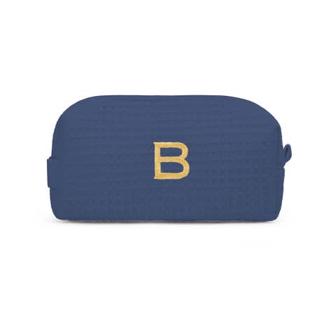Personalized Small Cotton Waffle Makeup Bag - Navy Blue