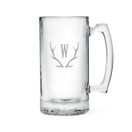 Custom Engraved 25 oz. Glass Beer Mug - Antler Monogram