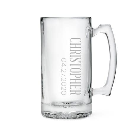 Custom Engraved 25 oz. Glass Beer Mug - Vertical Monogram - Unique Gift for Him