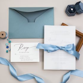 Elegant Calligraphy Wedding Invitations With Vellum Paper Pocket And French Blue Silk Ribbon Swpi045