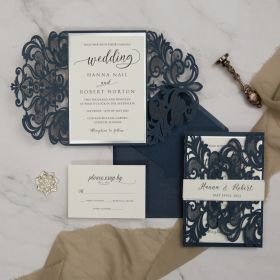 Navy Laser Cut Wedding Invitation With Silver Mirror Belly Band And Backer Swws194