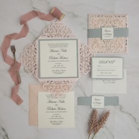 Elegant Blush Laser Cut Wedding Invites With Silver Paper Backer And Tag Swws259