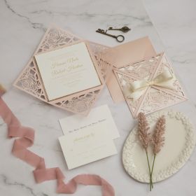 Romantic Blush Rose Pattern Laser Cut Wedding Invitations With Ribbons Swws182