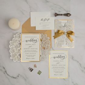 Elegant Ivory Laser Cut Wedding Invitation With Gold Mirror Paper And Ribbon Swws222
