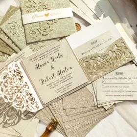 Luxury Champagne Gold Glitter Tri-Fold Laser Cut Pocket Wedding Invite With Belly Band Swws189